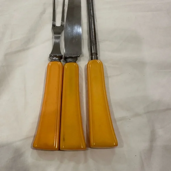 Vintage Three Piece Carving Set Butterscotch Bakelite Handle - Picture 7 of 11